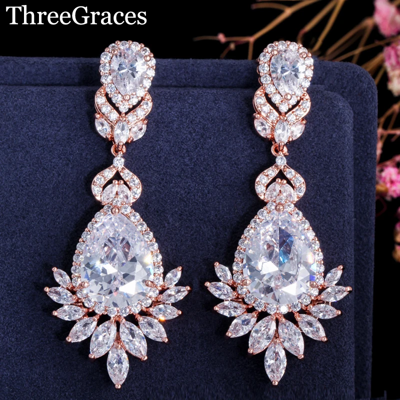 

ThreeGraces Gorgegous Rose Gold Color Setting Luxury CZ Crystal Marquise Shape Long Dangle Drop Earrings For Wedding Women ER144