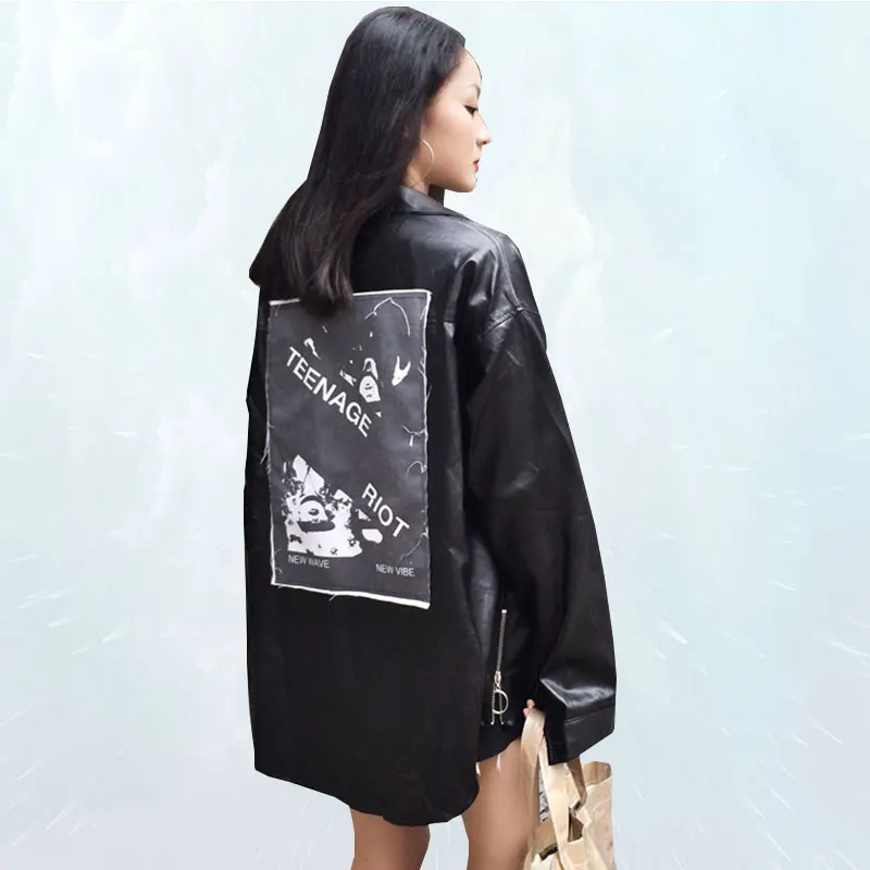 

Harajuku Leather Jacket Women Motorcycle Patches Punk Jacket Black Pu Leather Long Sleeve Shirt printing Coat Fall 2019 SL063