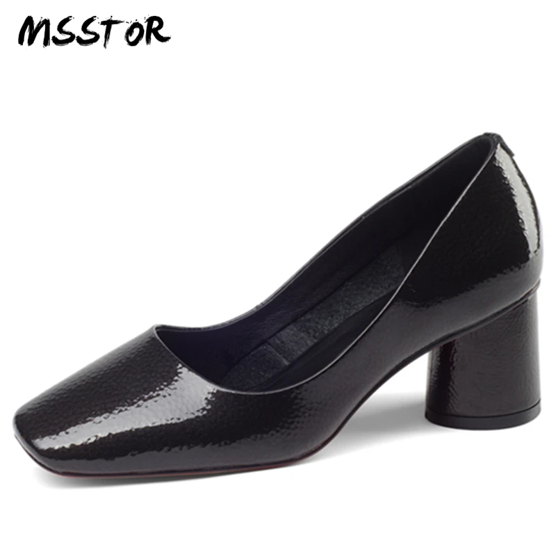 

MSStor Fashion Round Heels Red Shoes Woman Shallow Casual Genuine Leather Party Spring Pumps Shoes Women Square Toe Women Heels