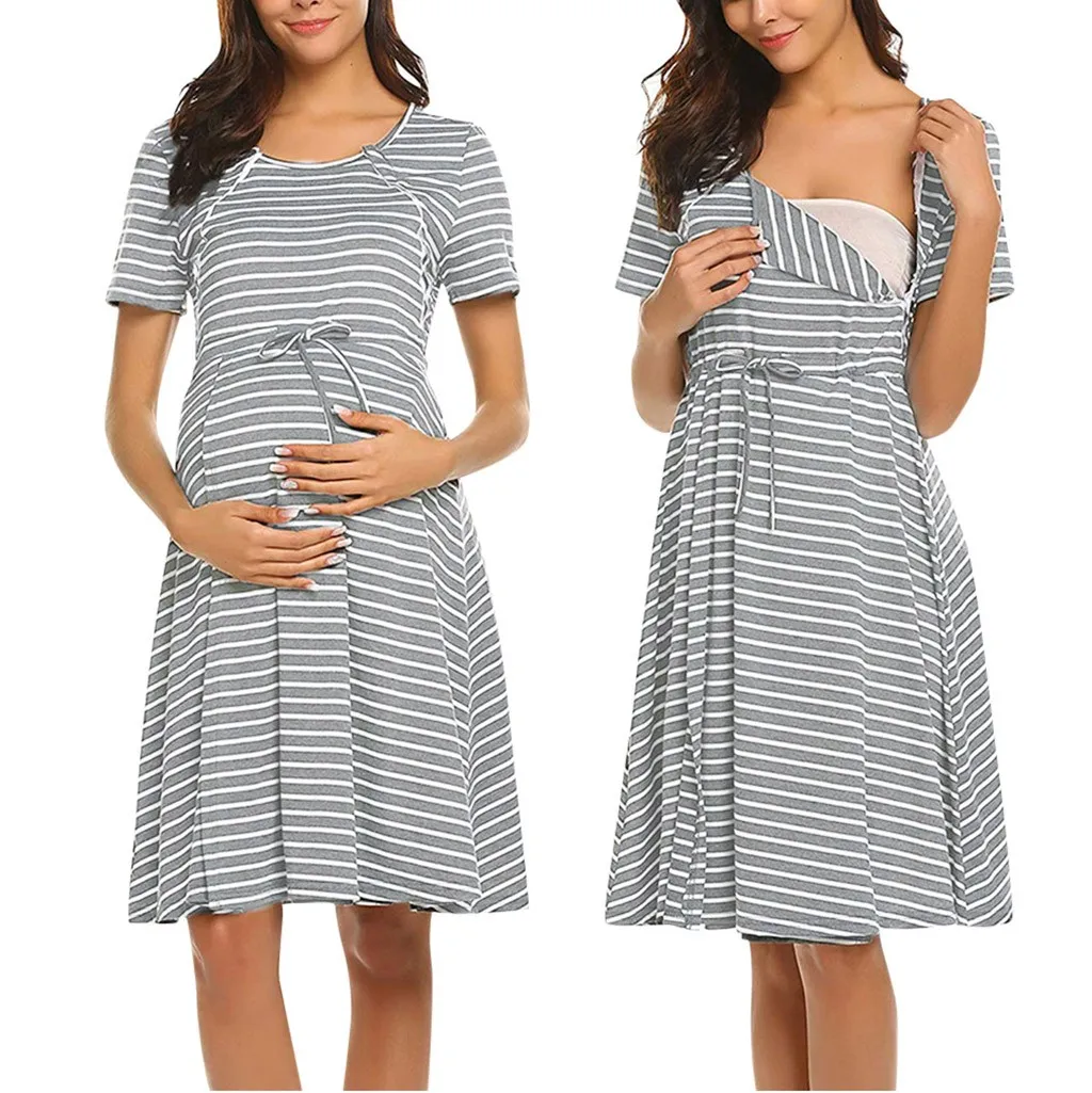 

Telotuny Dress Women's Maternity Women Short Sleeve Stripe Nursing Nightdress Breastfeeding Dress Summer Pregnant Dress #42