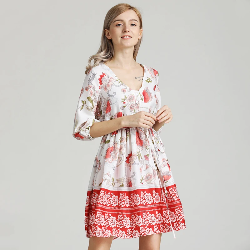 

BEFORW Summer Boho Mini Dress Sexy V Neck Lace Up Floral Print Beach Dresses 2019 Female Party Dress Women Clothes Vestidos