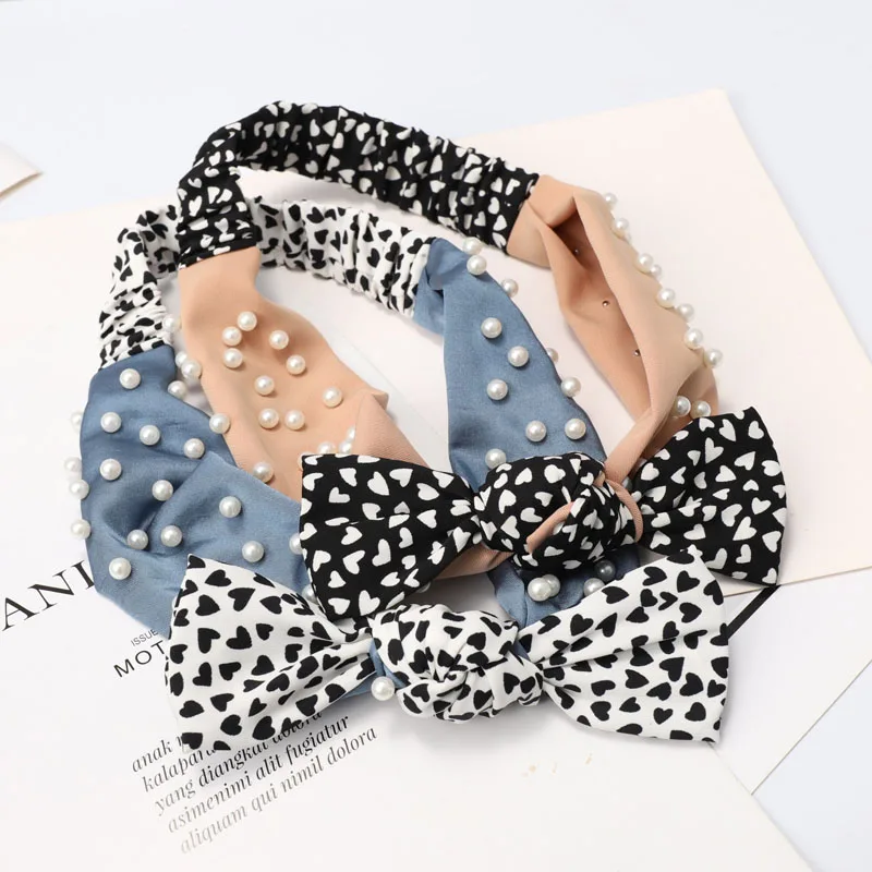 

Vintage Satin Headband With Pearl Bow Ethnic Elastic Hairband Hair Accessories