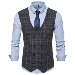 Британский стиль плед двубортный жилет мужской жилет джентльмен жилет для делового костюма мужской Slim Fit деловой жилет, костюм Gilet Homme