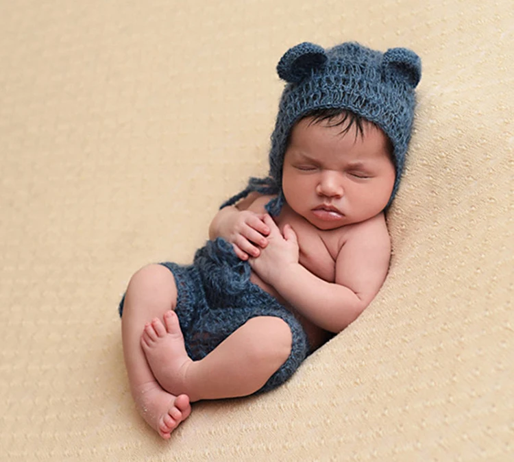 Мохеровый реквизит для новорожденных, костюмы, шапка/шапка+ штаны с оборками, милый Мишка, Bebe, комплект из 2 предметов, детские вязаные фото аксессуары