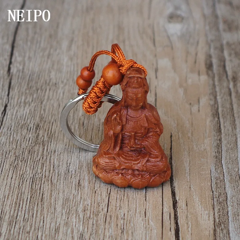 NEIPO Jujube Wood Buddha Keychain Bodhisattva Wooden Carving Key Chains