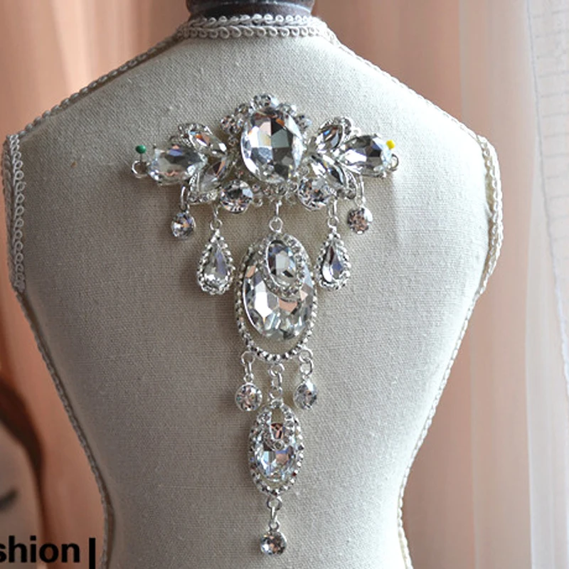 Пошив высокого качества прозрачного кристалла 8,5x14 см пришить талии свадебное платье окантовка горный хрусталь аппликация для свадебного платья