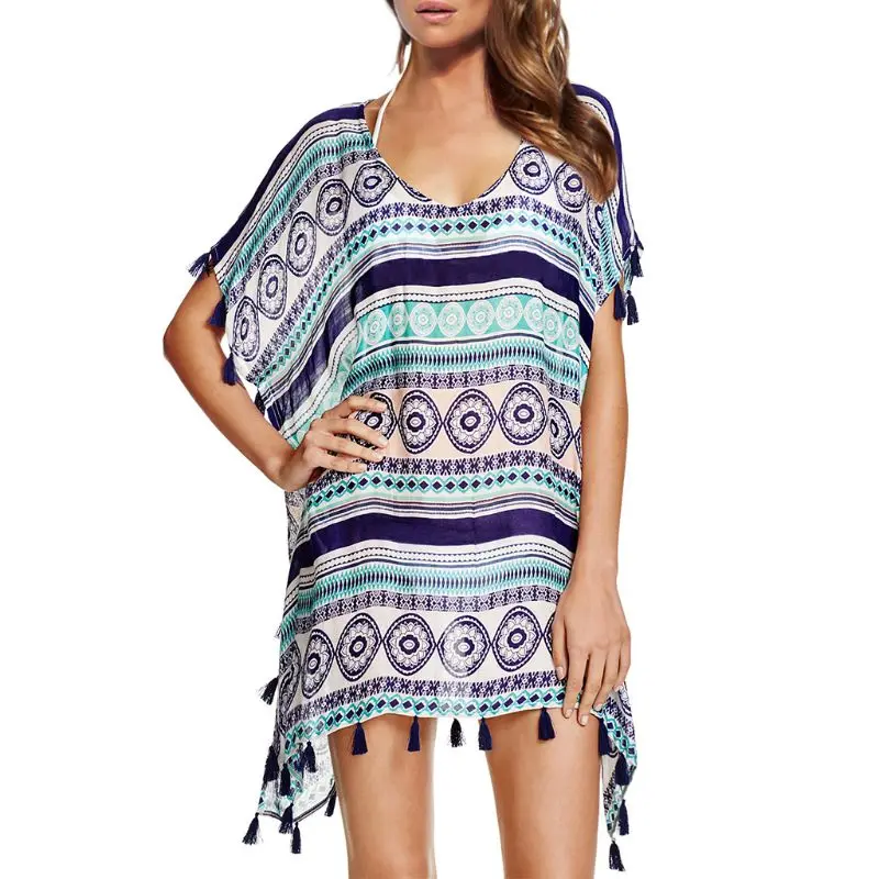 

Womens Summer Chiffon Semi-Sheer Bikini Cover Up Boho Stripes Triangle Digital Printing Loose Dress Asymmetric Side Split Tassel