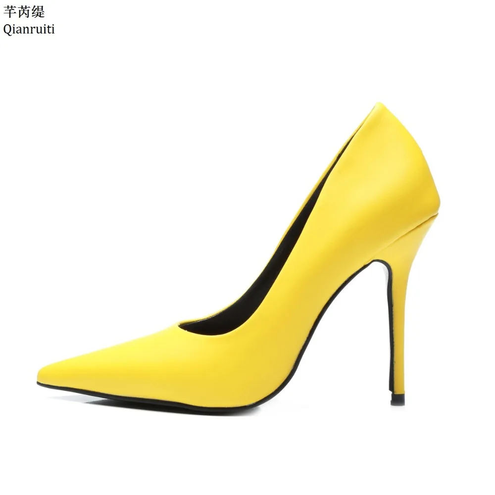 

Qianruiti Yellow PU Leather Slip-On Women Pumps Kim Kardashian Style High Heels Shoes Pointed Toe Stiletto Heels Ladies Shoes