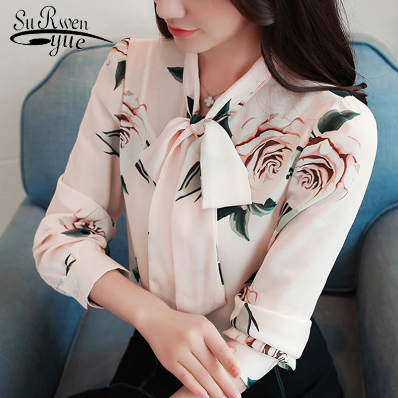 Повседневная печать шифоновая блузка рубашка лук v-образным вырезом офис блузка, женские рубашки с длинным рукавом 2019 блузки женские топы и