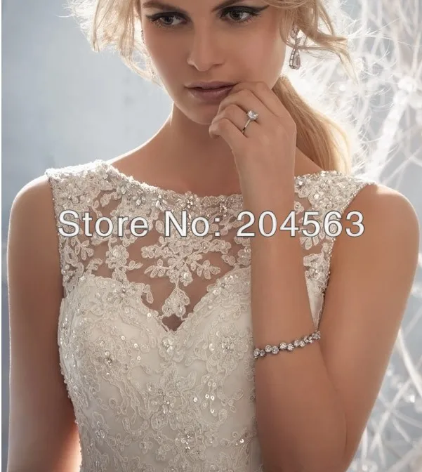 

Free Shipping Elegant Sheer Neckline Embellished with Crystal Beads Lace Low Back Wedding Dresses with Bow