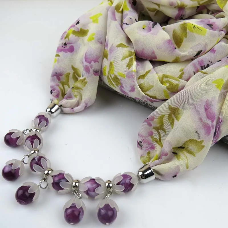 

2018 Spring new arrival Women Pattern Printed Silk Scarf necklace handmade resin beads Pendant Scarf Small Choker Collar Scarf