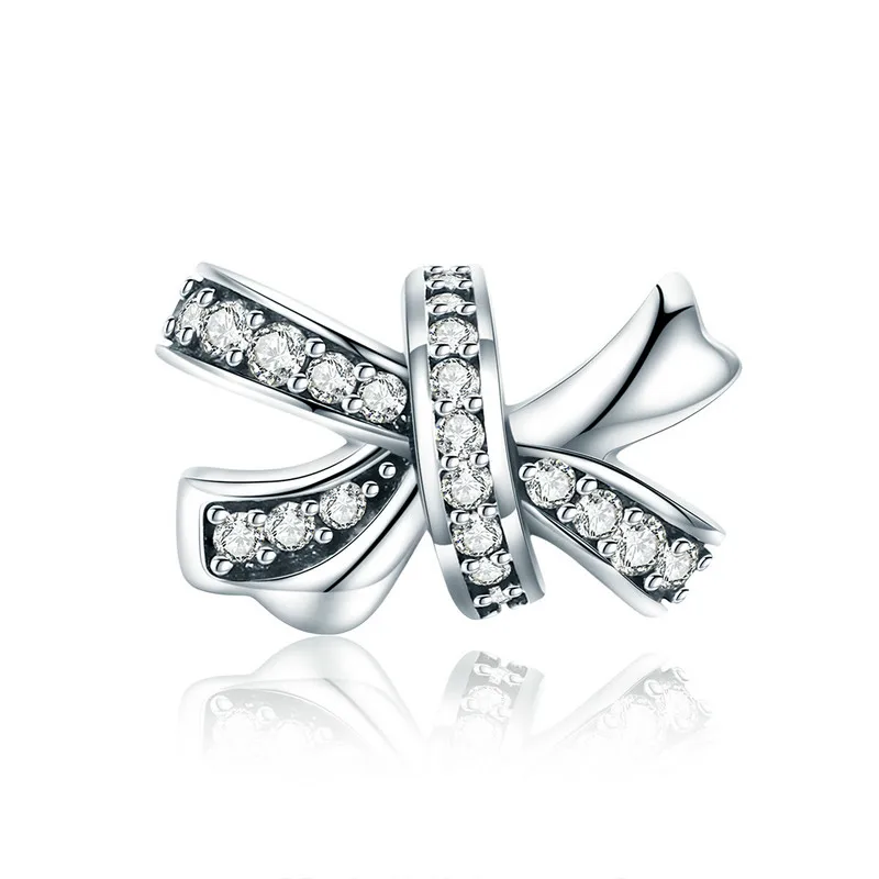 MOWIMO Sweet Bowknot Crystal Beads 925 Sterling Silver Fit Original Pandora Bracelet Charms For Women S925 Jewelry Making BKC773
