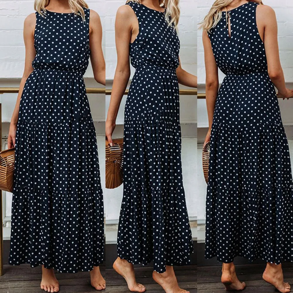 

Long Dress Women Sexy Summer Polka Dot Beach Dresse Style Casual Party Round Neck Office Evening Party Long Dress Vestido