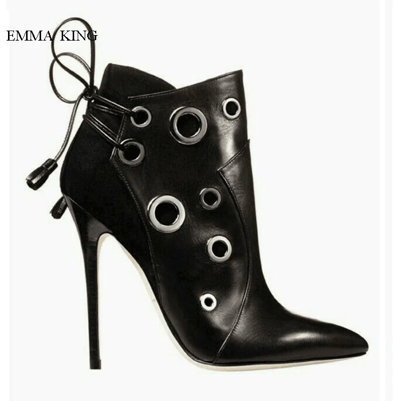 

2019 Women's Boots Metal Circle Design Lace-up Stiletto High Heels Short Boots Fashion Patchwork Leather Ankle Boots for Woman