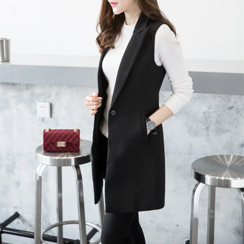 2018 Brief Single Button Black Women's Vest Slim Long Coat Female