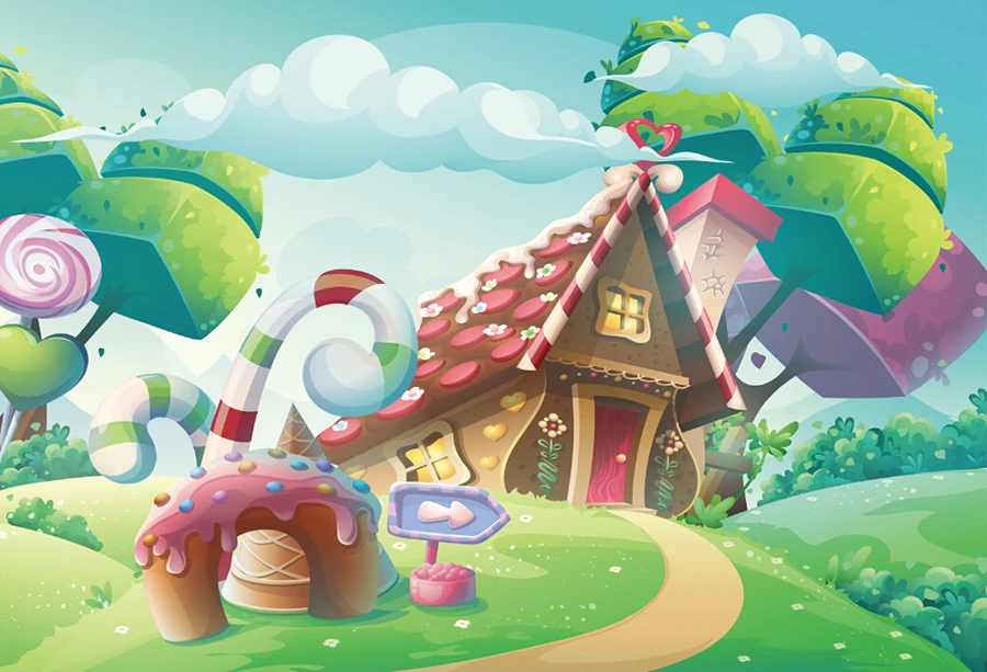 

Laeacco Cartoon Cake Candy House Scene Baby Party Photography Backgrounds Customized Photographic Backdrops For Photo Studio