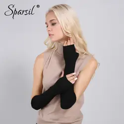 Sparsil Для женщин зимние митенки кашемировые длинные перчатки без пальцев однотонные теплые варежки локоть нить трикотажные рукава 50 см