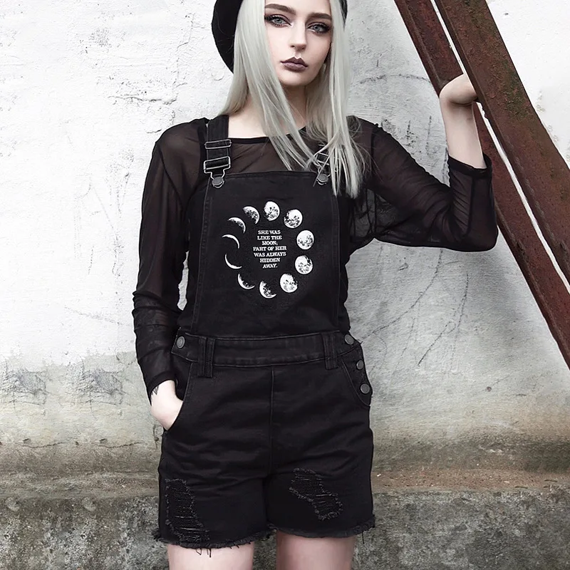 

Gothic Dark Print Moon Playsuit Romper Women Bib Pants Short Suspender Trousers Ripped Loose Overalls Black Female Jumpsuits