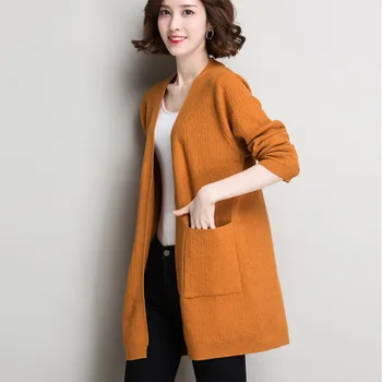 

Long Fall Knitted Women Cardigans Long Sleeve Casual Ladies Warm Autumn Sweater Female Knit V-Neck New Knitwear Open Stitch