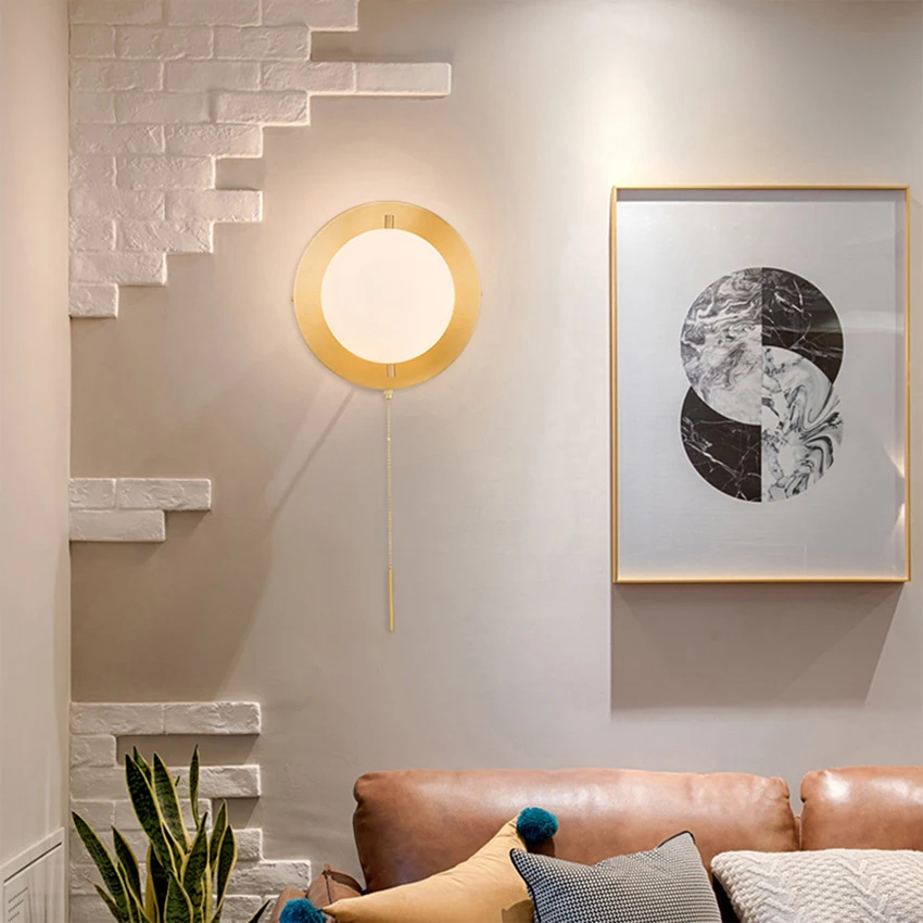 

Nordic LED Milky White Glass Ball Wall Lamps Copper Base Wall Lamp Bedroom Living Room Stairs Corridor Home Indoor Deco Lighting