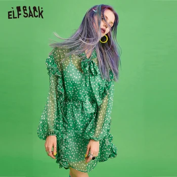 

ELFSACK Casual Dot Ruffle Trim Dresses Women Loose Lace Up Mid Waist Party Dress Sexy V-Neck Female Holiday Dress 2019 New