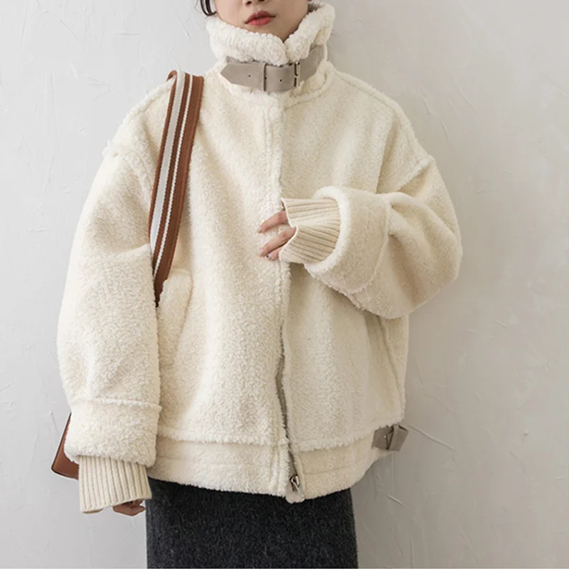 

Women Winter Thick Flocking Stand Collar Parkas Fashion Suede Lambswool Patchwork Jackets Lady Casual Loose Plus Size Coats Z326