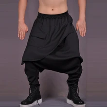 С удлиненным шаговым швом для Штаны повседневные мужские брюки Асимметричный Брюки Новинка свободные черные шаровары c принтом певица костюмы горячая новинка