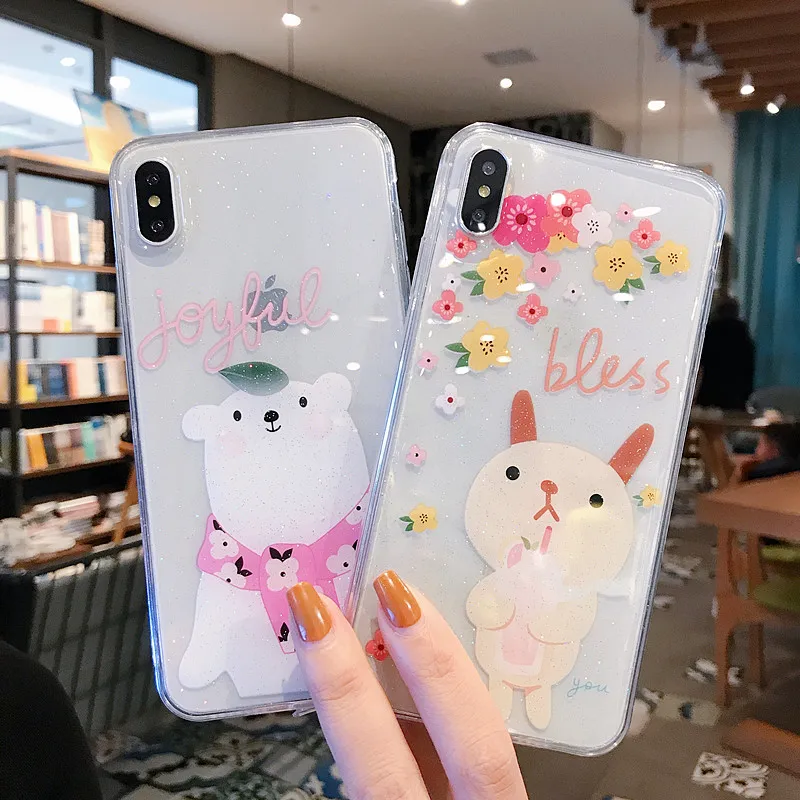 

ORYKSZ Transparent Cartoon Glitter Bear Phone Case For iPhone X XS Max XR Silicon Soft Cover For iPhone 7 8 6 6s Plus Case Coque