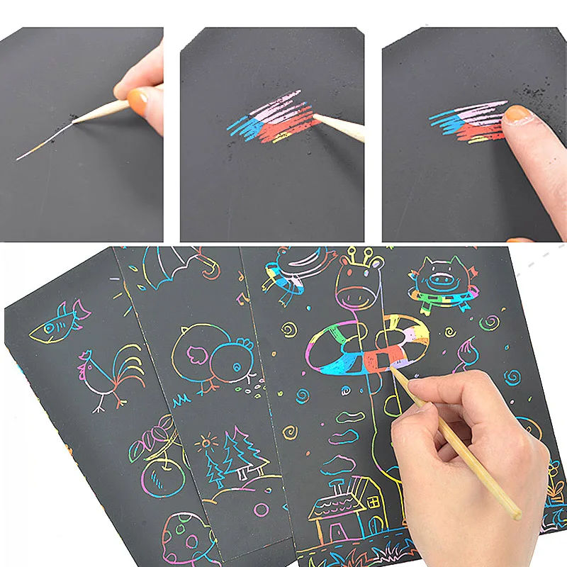 New  Small and Large size Two-in-one Magic DIY Color Scratch Art Paper Coloring Cards Scraping Drawing T
