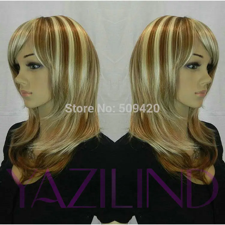 

Nice59823>>>>fashion brown yellow Blonde Medium Full Synthetic long hair Wig
