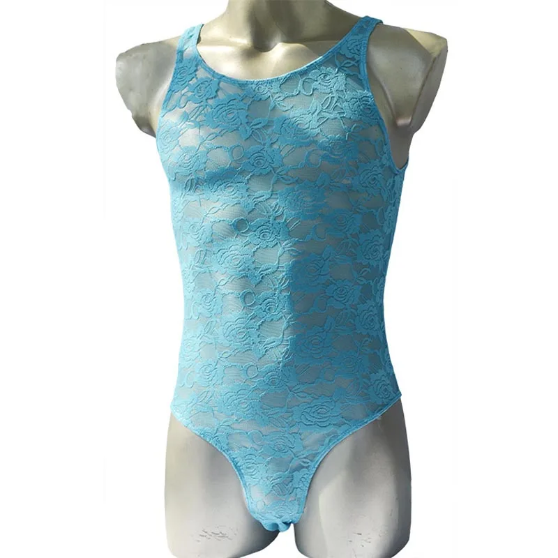 Men's Sexy Lingerie Sheer Lace Teddies Tank Top Sissy Costume See Through Bodysuit Unitard Leotard underwear men brand