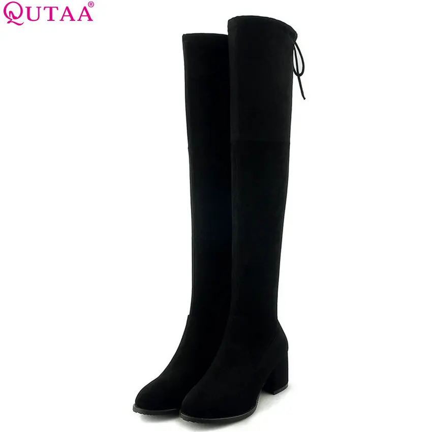

QUTAA 2019 Winter Shoes Platform Over The Knee High Boots All Match Square High Heel Elegant Woman Boots Big Boots Size 34-43