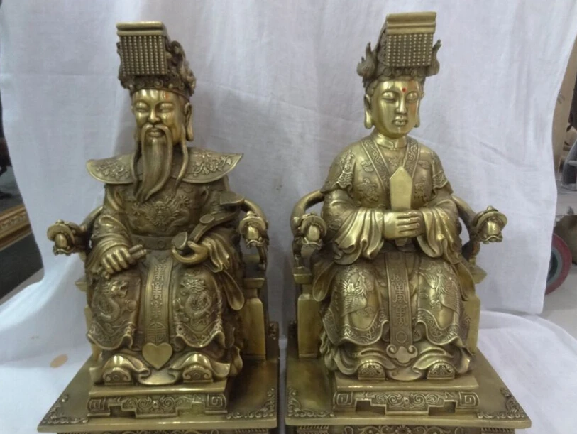

JP S0114 17" Chinese Brass Dragon Phoenix RuYi Jade Emperor Queen Mouth God Statue Pair