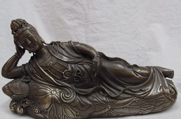 

S0891 Chinese Buddhism Copper Bronze lotus flower Sleep Guan Yin Kwan-yin Boddhisattva D0318