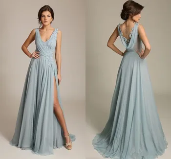 

2019 Gorgoues Bridesmaid Dresses V Neck Sleeveless Appliques Chiffon Draped Back High Split Sexy Formal Wedding Party Gowns Max