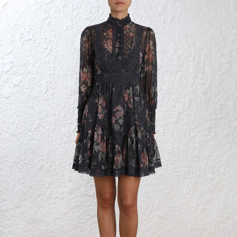 

High Quality Luxury Brand 2018 Autumn New Arrival Hollow Out Elegant Lace Woman Dress Floral Printing High Waist Female Vestidos