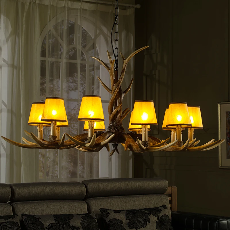 6 8 10 Lights Vintage Deer Chandelier Antlers Resin Chandeliers Candle Fixtures with Alphabet Cloth Lampshade Christmas Decor Lustres 7
