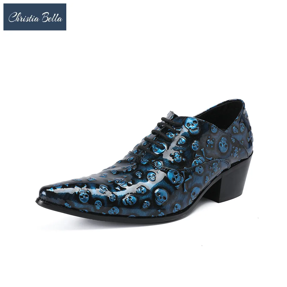 

Christia Bella Skull Dress Shoes Plus Size 47 Men Formal Shoes Pointed Toe Business Wedding Patent Leather Oxford Shoes for Men
