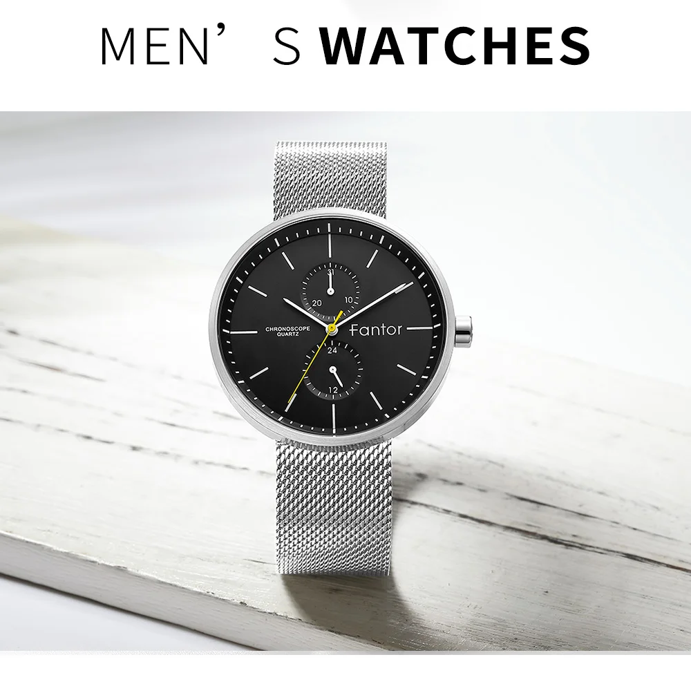 Fantor часы мужские роскошные повседневные бренд хронограф кварцевые наручные часы мужские Ультра тонкие водонепроницаемые сетчатые часы для мужчин
