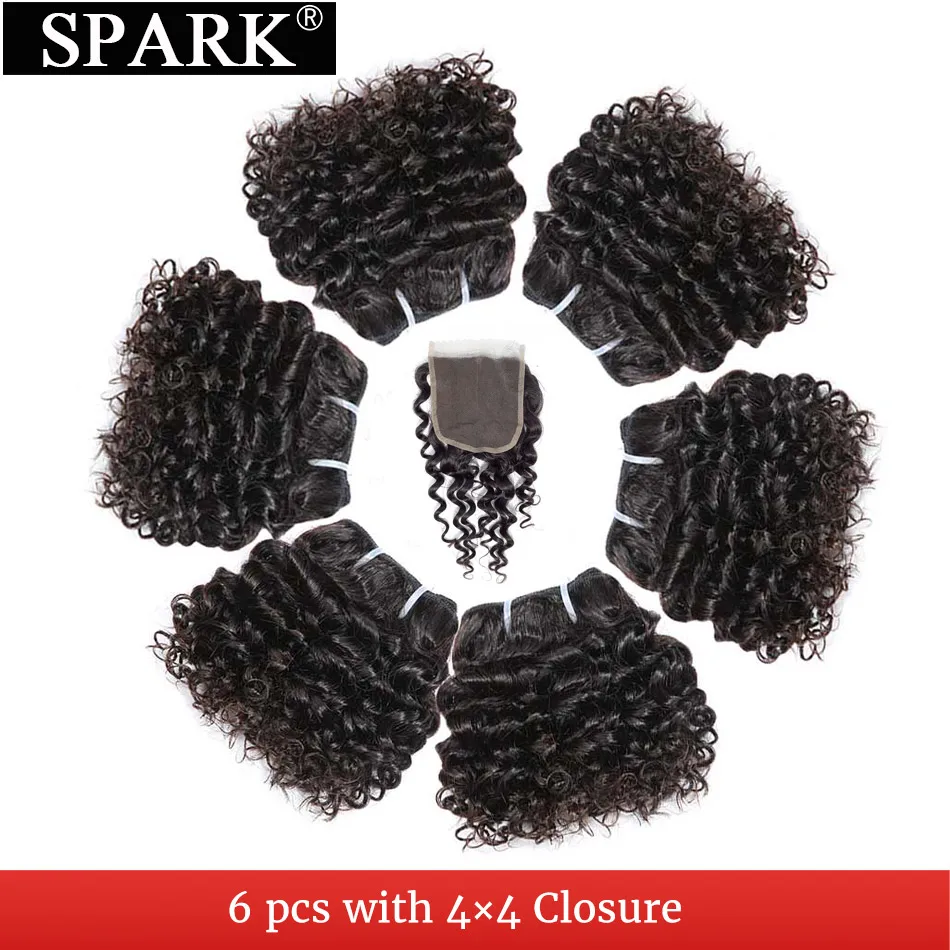 

SPARK Brazilian Kinky Curly Weave Short-Cut 6 Inhces 6 Bundles With Closure Can Make A Human Wig Double Drown Natural Remy Hair