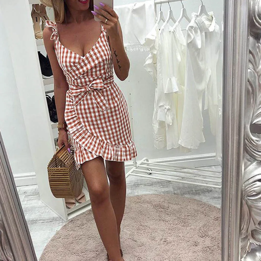 

summer dress 2019 Women's Plaid Ruffle Off Shoulder Pencil Short Midi Dress sukienki damskie robe femme vestidos mujer elegant
