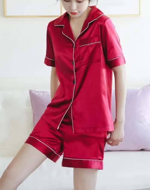 Атласный Шелковый пижамный комплект, короткий рукав, на пуговицах, пижамный комплект, корейский стиль, одежда для сна, домашняя одежда, комплект из двух предметов, пижамный комплект ouc413
