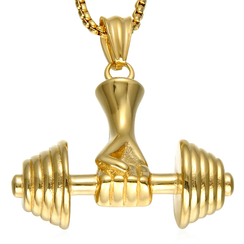 

HIP Hop Gold Color Titanium Stainless Steel Fitness Men Pendant & Necklace Sport Dumbbell Necklaces Gym Jewelry