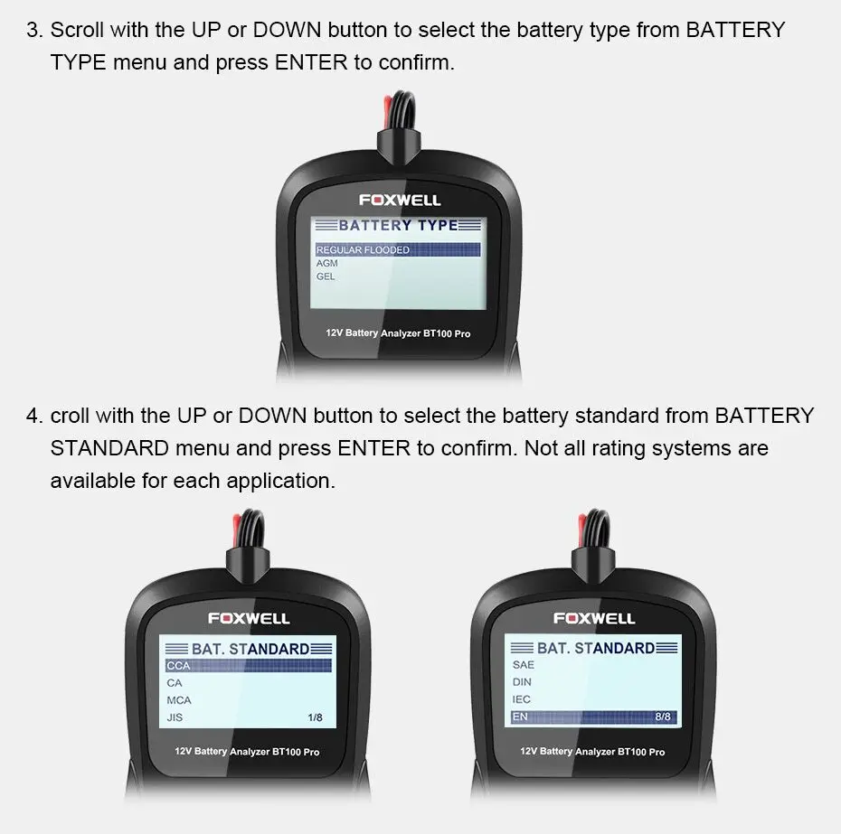 FOXWELL BT100 PRO 6 в 12 В автомобильный аккумулятор тест er для затопленного AGM гель 100 до 1100 CCA 200 AH Тест 6 в 12 Вольт Автомобильный анализатор