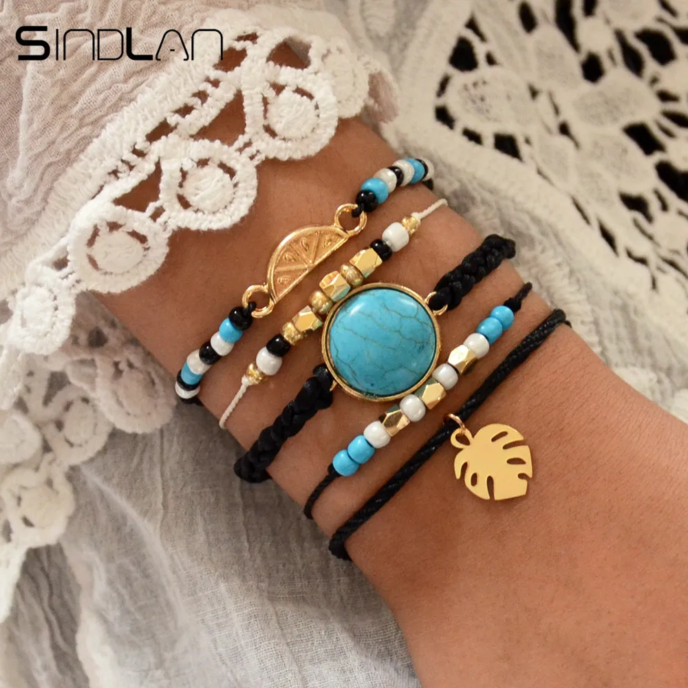 

Sindlan 5PCs Bohemia Watermelon Bead Bracelets Women Leaf Charm Handmade Rope Chain Boho Bangles Bracelets Set Wrist Jewelry