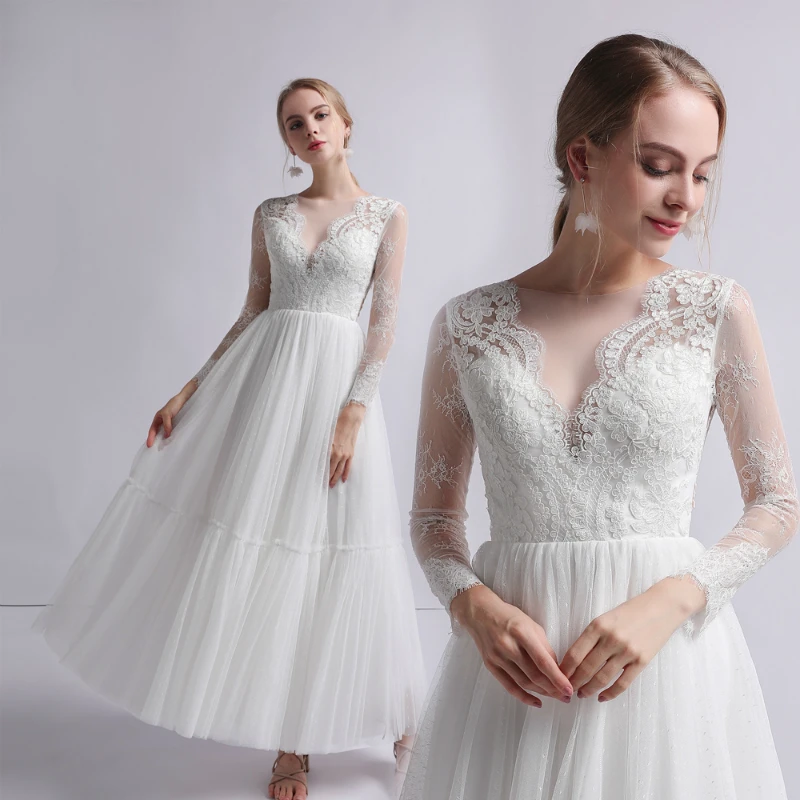 

Elegant Boat Neck See Through Lace Vestidos De Novia Fairy Tulle Pleats A-line Long Wedding Dresses Full Sleeve Robe De Marriage