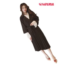 Autumn Spring V-Neck Belt Beige Pink Gray Black Empire Waist Turn Down Collar Blazer Long Pleat Hems Three Quarter Sleeve Coat