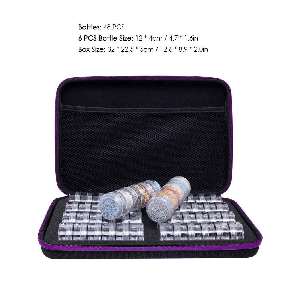 Алмазная коробка для хранения с 24/48 пластиковыми бутылками на молнии для вышивки мелкими деталями, стразы для дизайна ногтей, сумка для хранения - Цвет: 48 Slots
