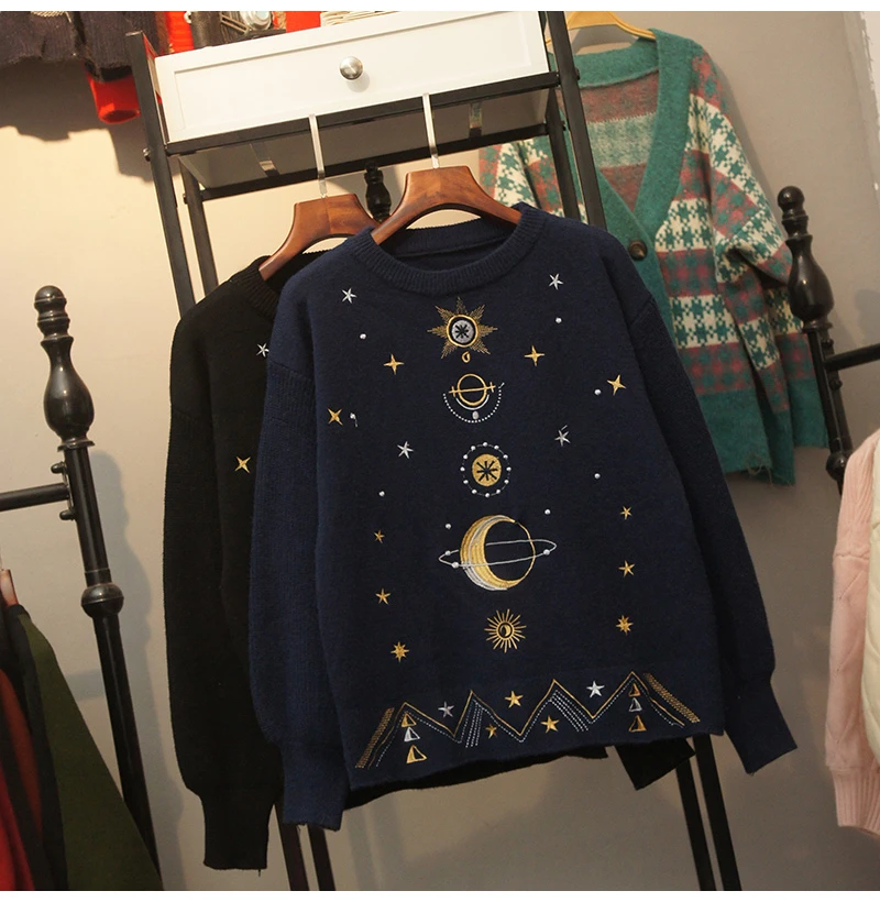 Солнце Луна звезды вышивка женский свитер таинственный Романтический женский зимний легкий тонкий круглый вырез длинный рукав вязаный свитер