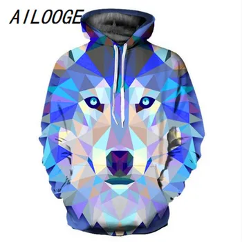 

AILOOGE 2018 New Fashion Wolf Hoodies Men/Women Thin 3d Sweatshirts With Hat Print Colorful Blocks Wolf Hooded Hoodies
